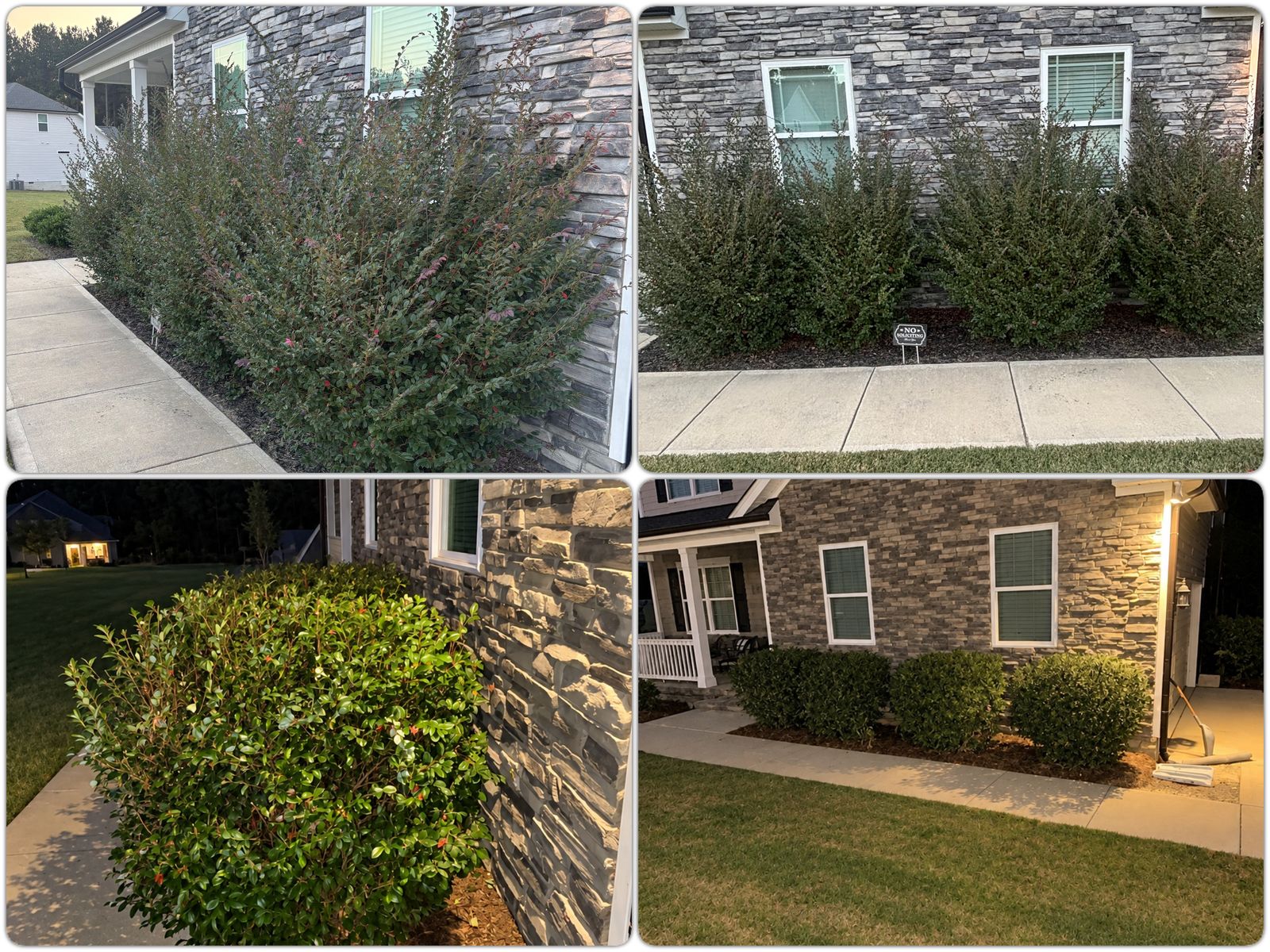 Shrub trimming β stone house, before & after